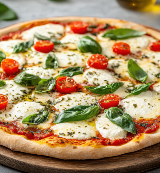 Classic margherita pizza topped with fresh basil, cherry tomatoes, and mozzarella cheese
