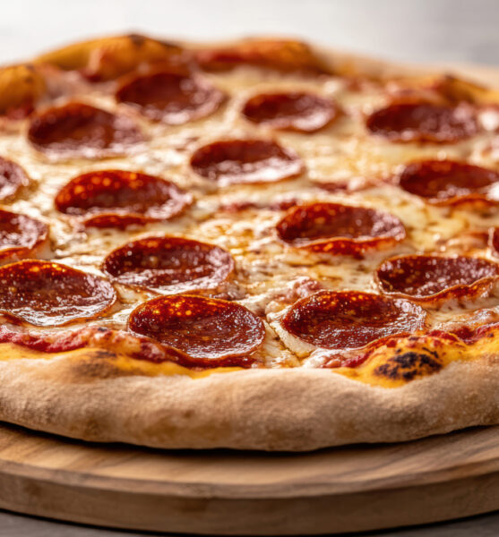 Freshly baked pepperoni pizza on wooden board, golden crust, melted cheese, delicious aroma
